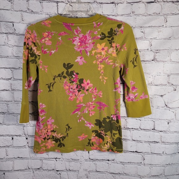 Sundance Floral Waffle Knit Top Green Multi Size Medium Boho 3/4 Sleeve - Picture 3 of 5
